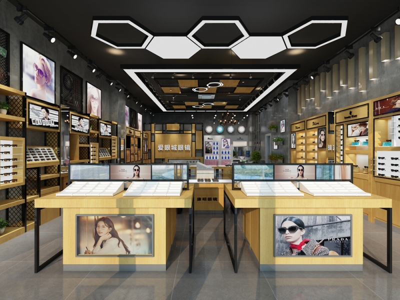 Paired Wood Optical Island | Honeycomb Ceiling Modular Optician Fixture Set - Sunzen