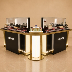 Curved Gold Makeup Island | Backlit Glass Beauty Display Counter - Sunzen