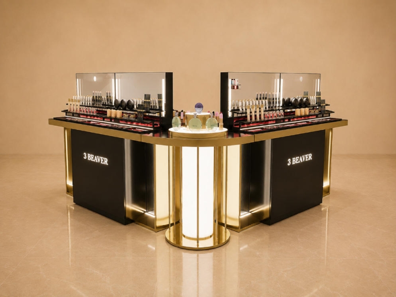 Curved Gold Makeup Island | Backlit Glass Beauty Display Counter - Sunzen