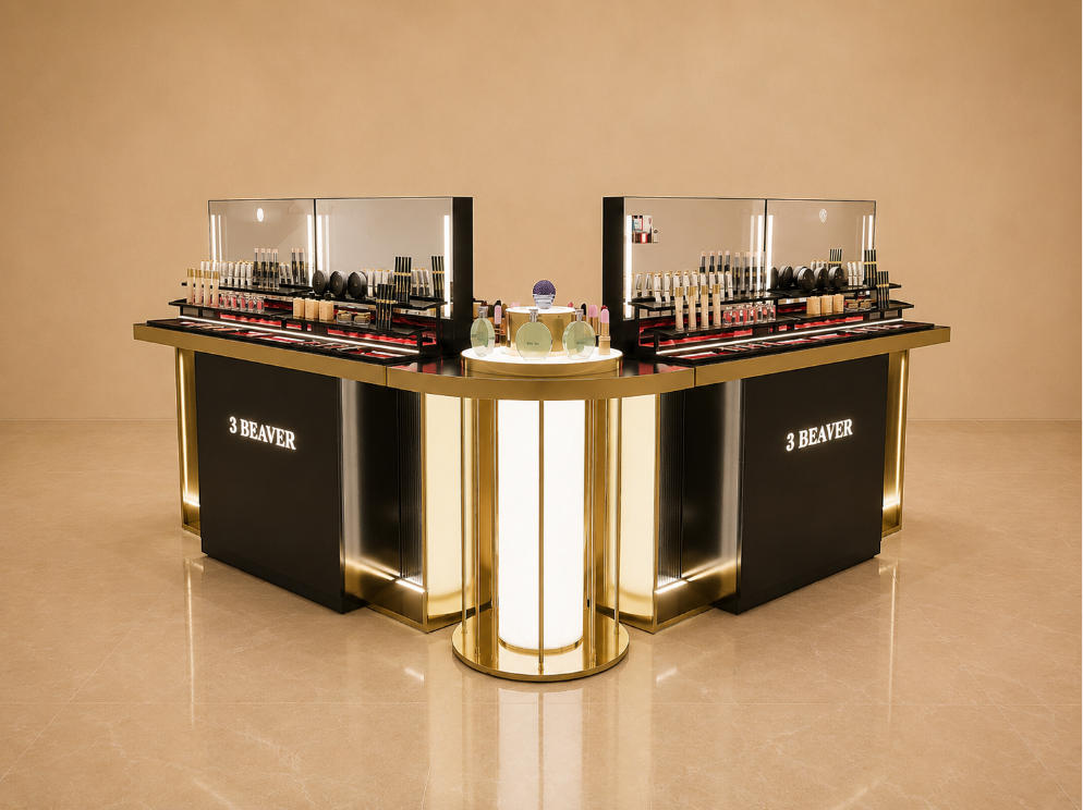 Curved Gold Makeup Island | Backlit Glass Beauty Display Counter - Sunzen