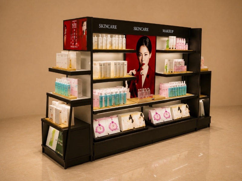 Double-Sided Cosmetic Island | Poster Back Multi-Tier Beauty Stand - Sunzen