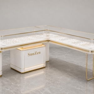 L-Shaped Glass Eyewear Counter | Gold Frame Optician Booth - Sunzen 2 L-Shaped Glass Eyewear Counter | Gold Frame Optician Booth - Sunzen