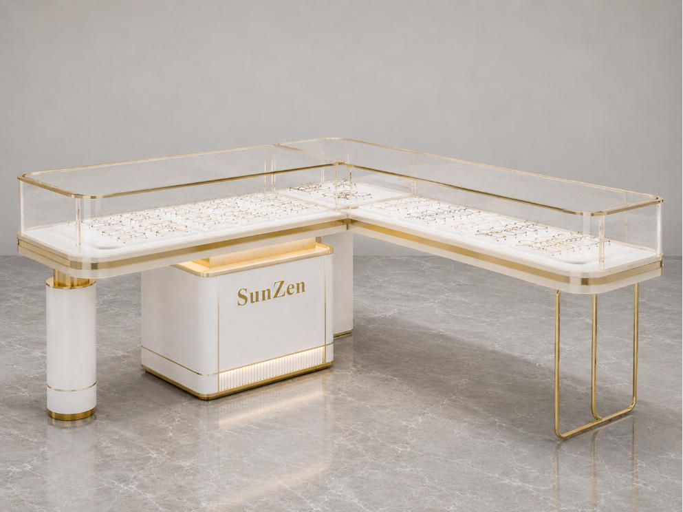 L-Shaped Glass Eyewear Counter | Gold Frame Optician Booth - Sunzen 1 L-Shaped Glass Eyewear Counter | Gold Frame Optician Booth - Sunzen