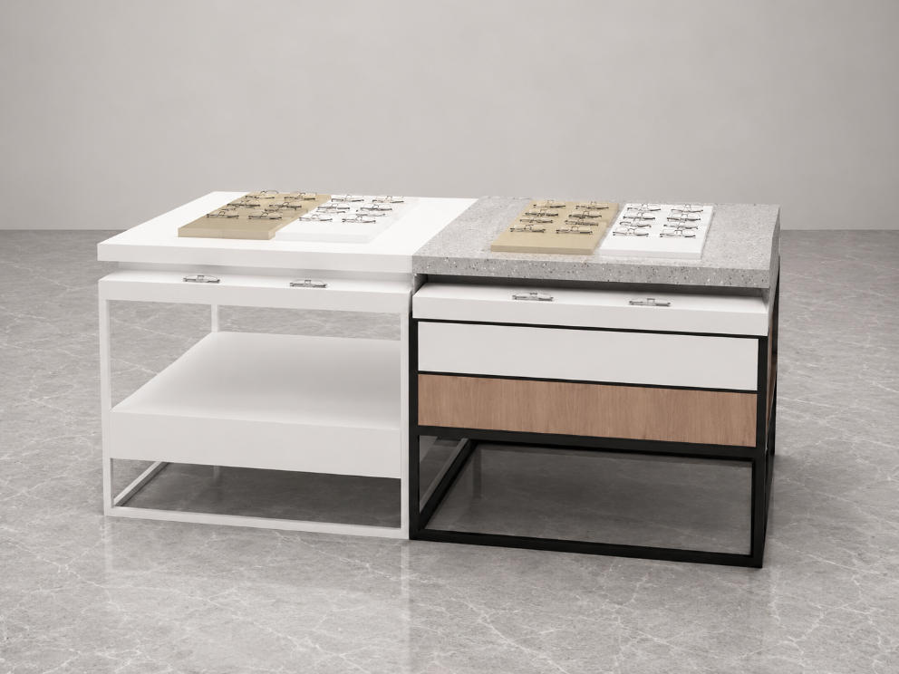 Mix Material Optical Island | Split Modular Eyewear Display Table - Sunzen 1 Mix Material Optical Island | Split Modular Eyewear Display Table - Sunzen