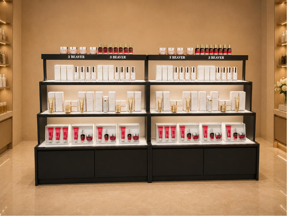 Split Dual Cosmetic Counter | Tiered Skincare Storage Kiosk - Sunzen 1 Split Dual Cosmetic Counter | Tiered Skincare Storage Kiosk - Sunzen