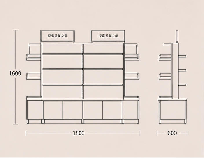CAD drawing backlit multi-tier cosmetic rack side wing shelf closed black base storage cabinet