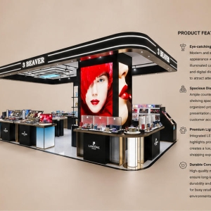 45° oblique view roof LED mall cosmetic kiosk multi-compartment brand display showcase feature labels