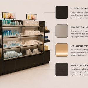 Backlit Cosmetic Shelf | Side Wing Skincare Retail Showcase - Sunzen 5 Close-up matte black frame, built-in back LED and wide shelf for beauty product display