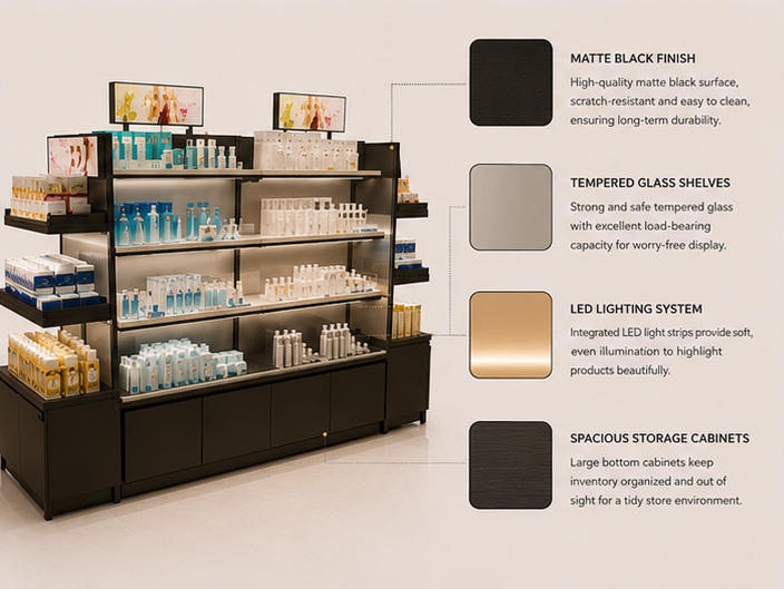 Close-up matte black frame, built-in back LED and wide shelf for beauty product display