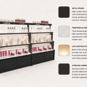 Split Dual Cosmetic Counter | Tiered Skincare Storage Kiosk - Sunzen 4 Close-up matte black frame, white flat shelf and brand print top rail for cosmetic counter