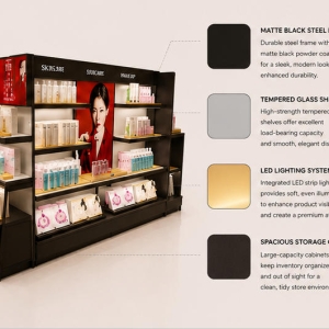 Double-Sided Cosmetic Island | Poster Back Multi-Tier Beauty Stand - Sunzen 4 Close-up matte black frame and natural wood mat shelf for double-sided makeup kiosk