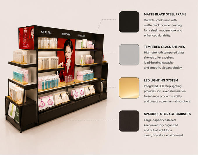 Close-up matte black frame and natural wood mat shelf for double-sided makeup kiosk