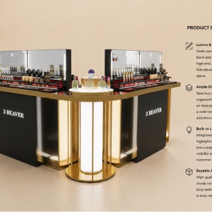 45° oblique view curved gold retail counter multi-compartment beauty display unit feature labels