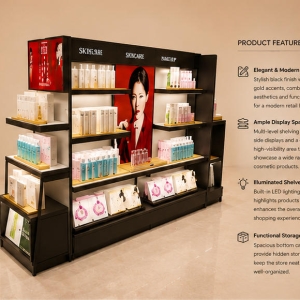 Double-Sided Cosmetic Island | Poster Back Multi-Tier Beauty Stand - Sunzen 5 45° oblique view poster back retail skincare island unit with selling feature labels