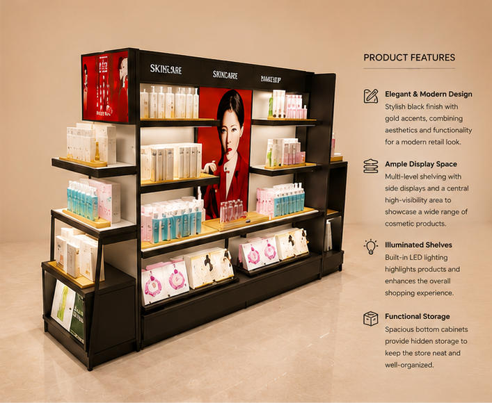 45° oblique view poster back retail skincare island unit with selling feature labels