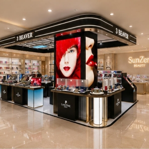 Full front render shot large billboard mall cosmetic kiosk multi-brand beauty retail stall