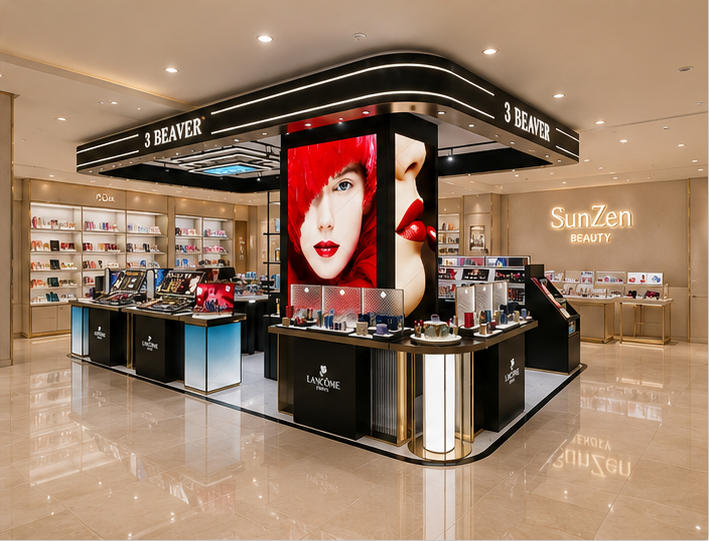 Full front render shot large billboard mall cosmetic kiosk multi-brand beauty retail stall