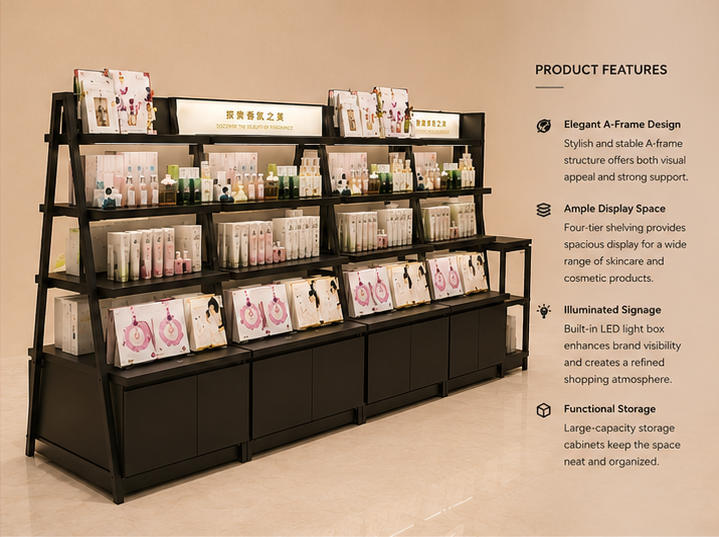 45° oblique view slant frame retail skincare display unit with feature labels