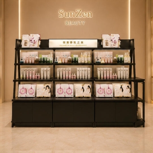 Black Metal Cosmetic Rack | Multi-Layer Beauty Storage Stand - Sunzen 3 Front real shot multi-layer cosmetic display rack inside beauty retail shop