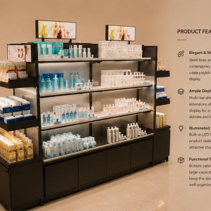 Backlit Cosmetic Shelf | Side Wing Skincare Retail Showcase - Sunzen 6 45° oblique view side wing backlit skincare retail showcase with feature labels