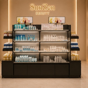 Backlit Cosmetic Shelf | Side Wing Skincare Retail Showcase - Sunzen 4 Front real shot backlit multi-tier cosmetic rack inside mall beauty retail shop