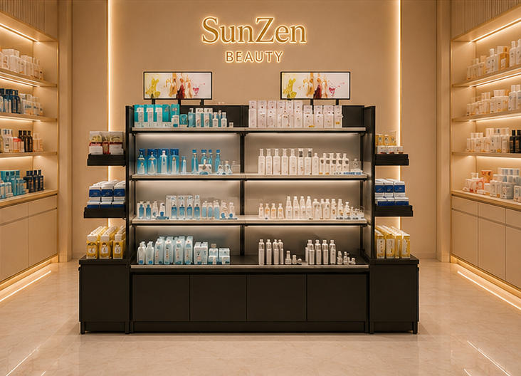 Front real shot backlit multi-tier cosmetic rack inside mall beauty retail shop