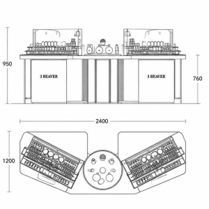 CAD drawing curved black gold cosmetic island central round lit pedestal dual backlit glass makeup kiosk