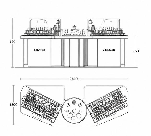 CAD drawing curved black gold cosmetic island central round lit pedestal dual backlit glass makeup kiosk