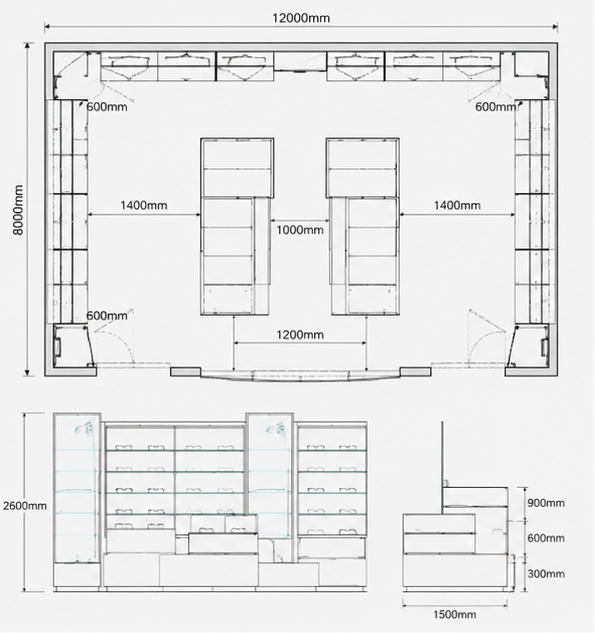 CAD full-shop drawing dark metal grid ceiling stacked tier wood optical island bilateral backlit glass mirrored eyewear wall cabinet
