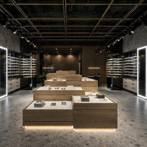 Stacked Wood Optical Island | Backlit Glass Eyewear Wall Fixture Set - Sunzen 4 Full interior photo render dark grid ceiling dark luxury optical boutique stacked tier wood central eyewear island set
