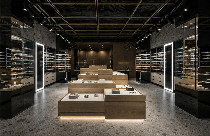 Full interior photo render dark grid ceiling dark luxury optical boutique stacked tier wood central eyewear island set