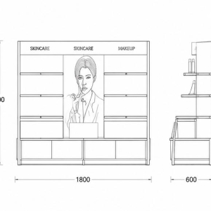 Double-Sided Cosmetic Island | Poster Back Multi-Tier Beauty Stand - Sunzen 6 CAD drawing double-sided cosmetic island poster back multi-tier shelf closed storage base