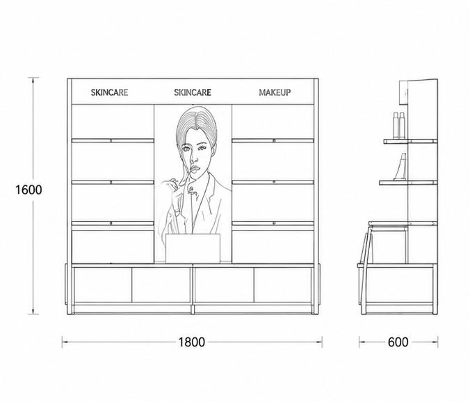 CAD drawing double-sided cosmetic island poster back multi-tier shelf closed storage base
