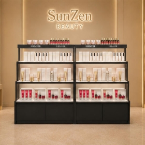 Split Dual Cosmetic Counter | Tiered Skincare Storage Kiosk - Sunzen 3 Front full shot split dual tiered cosmetic counter brand shop display render