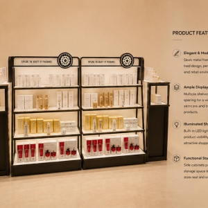 45° oblique view symmetric dual beauty rack with side extension display shelf feature labels