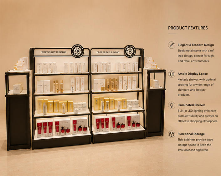 45° oblique view symmetric dual beauty rack with side extension display shelf feature labels