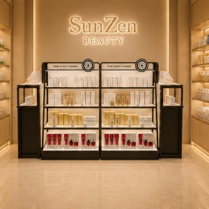 Front real shot symmetric dual backlit cosmetic rack inside beauty retail boutique