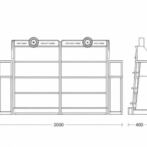 CAD drawing symmetric dual backlit cosmetic rack side extension shelf emblem top metal frame cabinet