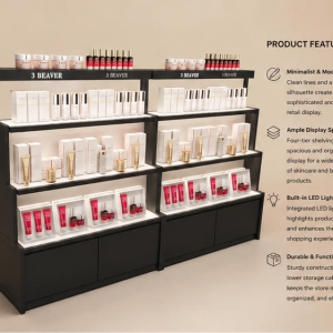 Split Dual Cosmetic Counter | Tiered Skincare Storage Kiosk - Sunzen 5 45° oblique view split dual modular beauty retail unit with selling feature labels
