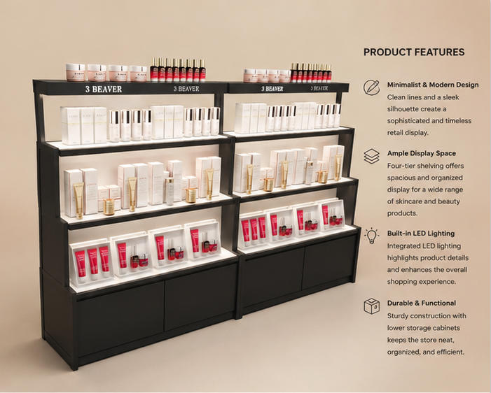 45° oblique view split dual modular beauty retail unit with selling feature labels