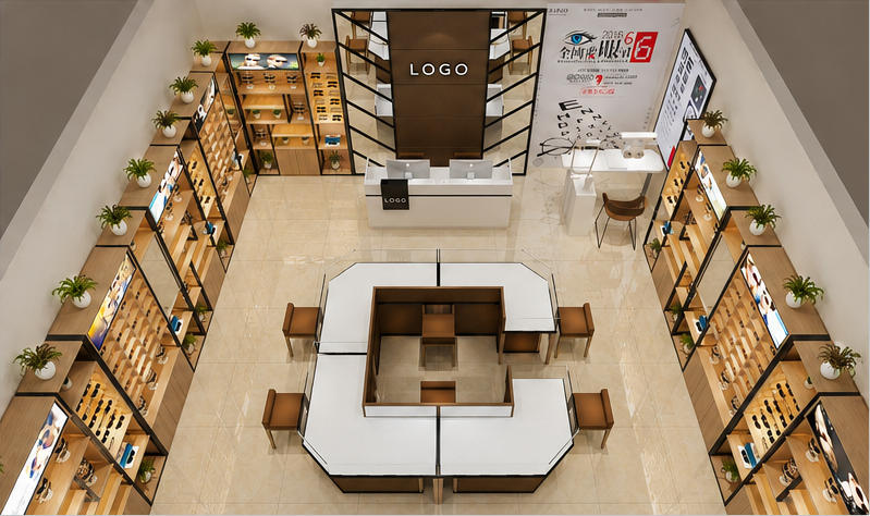 Full top-down aerial render complete U-shaped island wall cabinet reception optical boutique fixture package