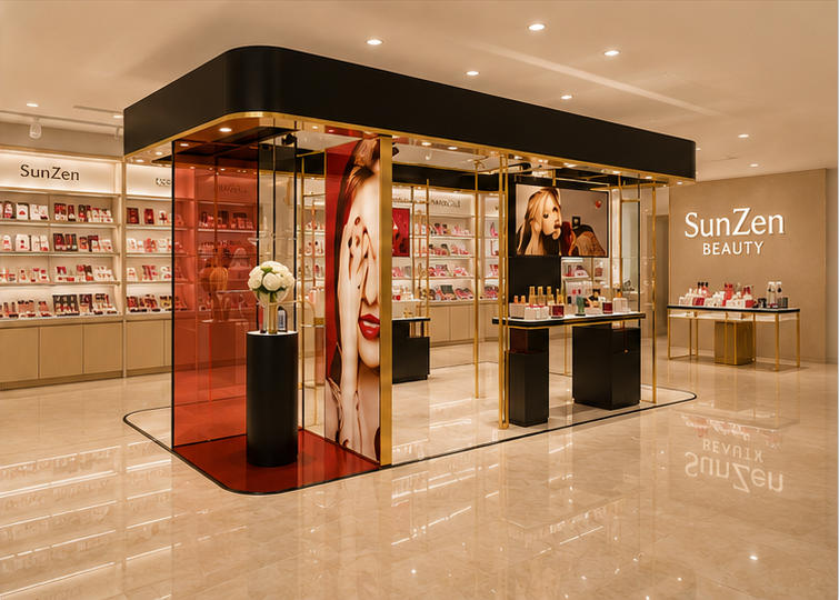 Front real shot gold frame transparent glass luxury cosmetic pavilion inside premium beauty boutique