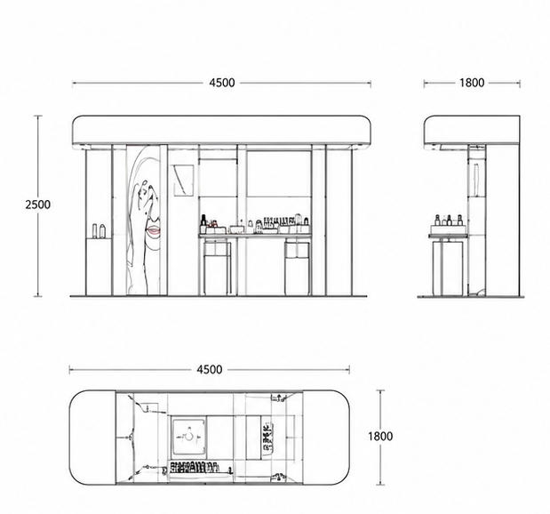 CAD drawing gold frame transparent glass cosmetic pavilion tint red acrylic panel central pillar display stand