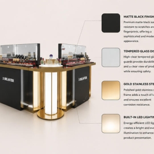Close-up brushed gold trim, back LED glass shelf and central cylindrical light pedestal for makeup island