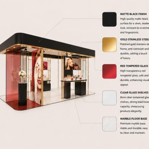 Glass Beauty Booth | Transparent Luxury Makeup Pavilion - Sunzen 4 Close-up brushed gold metal frame, tint red translucent panel and embedded ceiling LED for cosmetic booth