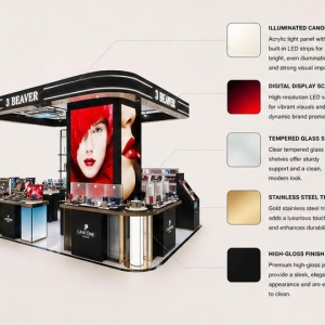 Close-up curved roof LED light strip, gradient color side panel and gold trim for mall cosmetic booth