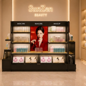 Double-Sided Cosmetic Island | Poster Back Multi-Tier Beauty Stand - Sunzen 3 Front real shot double-sided cosmetic island inside beauty retail boutique