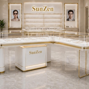 L-Shaped Glass Eyewear Counter | Gold Frame Optician Booth - Sunzen 5 Full front render shot L-shaped enclosed glass eyewear counter inside light luxury optical boutique