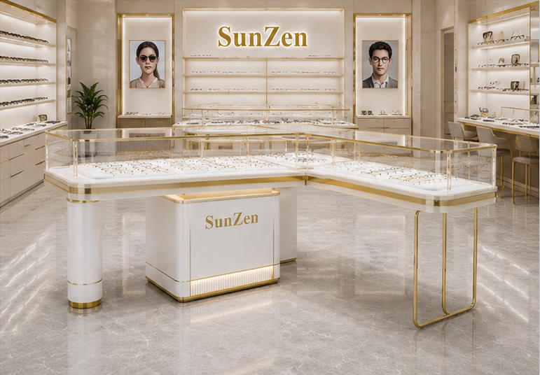 Full front render shot L-shaped enclosed glass eyewear counter inside light luxury optical boutique