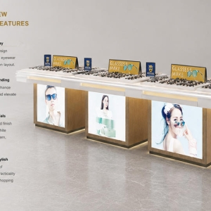 Triple Module Eyewear Island | Backlit Poster Optician Counter - Sunzen 6 45° oblique view triple module backlit poster segmented frame kiosk wood veneer optical stand feature labels